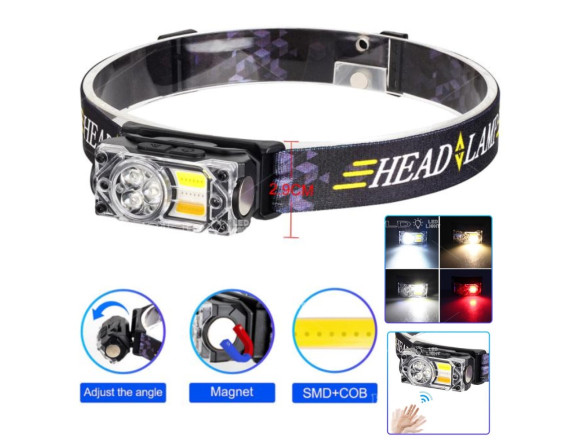 Ліхтар налобний YY-19B-3SMD+2COB(White+Yellow+Red), Motion Sensor, Li-Ion акумулятор, ЗП Type-C, маг